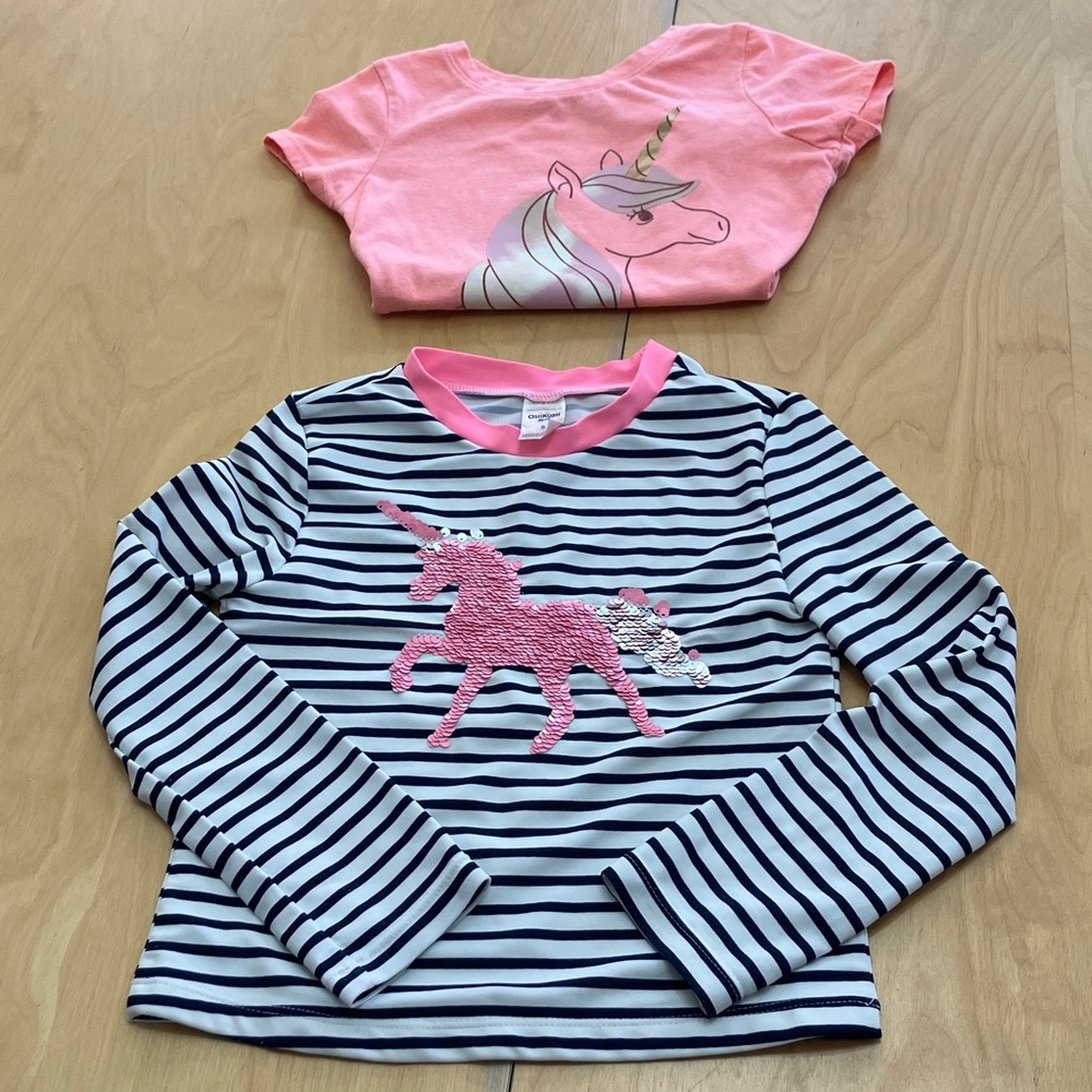 OshKosh B'gosh Salmon Unicorn and Navy Striped Tops size 5 plus Unicorn t-shirt